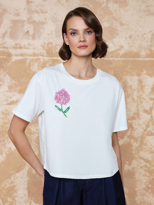 ORTANCA ÇİÇEK NAKIŞ İŞLEMELİ TİŞÖRT