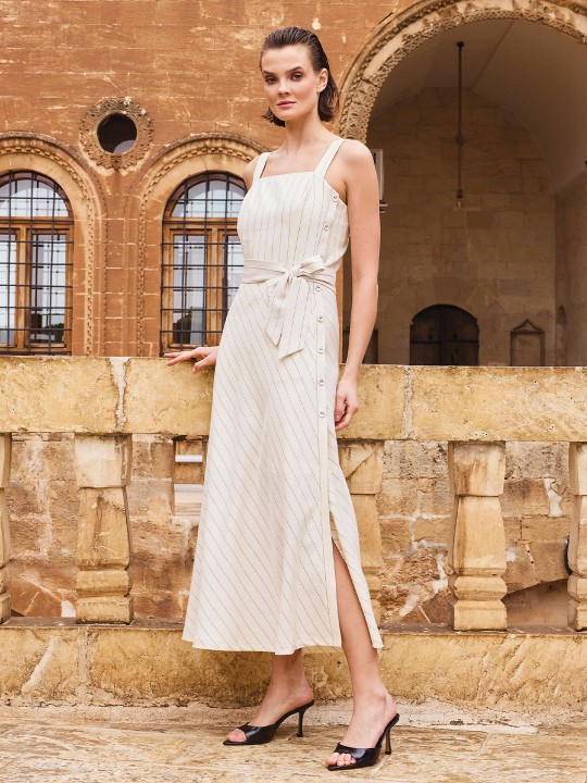 ÇİZGİLİ KETEN KUMAŞ ELBİSE