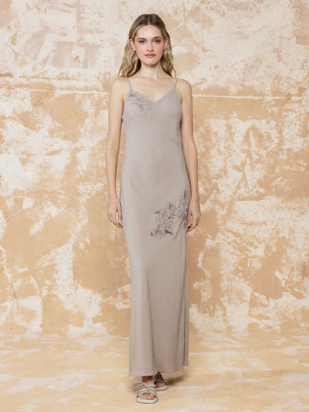 KETEN KUMAŞ DANTEL GARNİLİ ASKILI ELBİSE