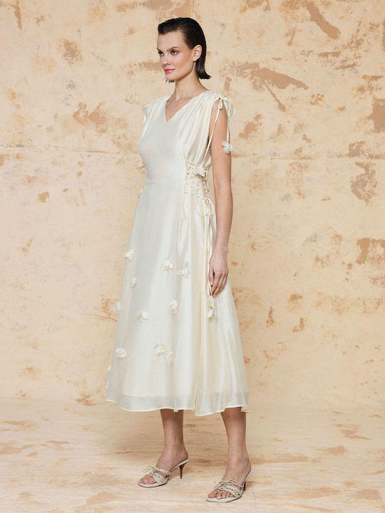 BAĞCIK DETAYLI V YAKA ELBİSE