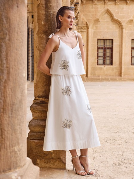 COTTON KUMAŞ NAKIŞ DETAYLI KOLSUZ ELBİSE