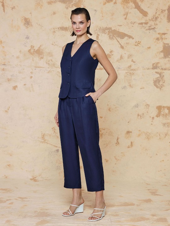 KETEN KUMAŞ ARKASI DİKİŞ DETAYLI YELEK