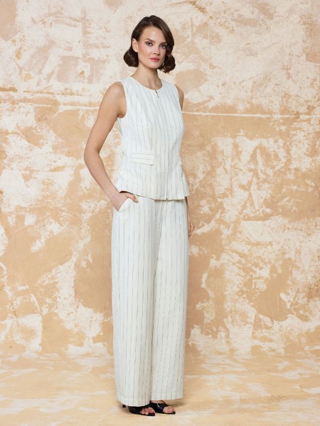 ÇİZGİLİ KETEN KUMAŞ FERMUAR DETAYLI BLUZ