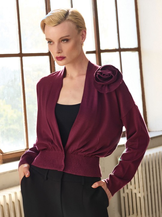 BROŞ ÇİÇEK DETAYLI TRİKO HIRKA