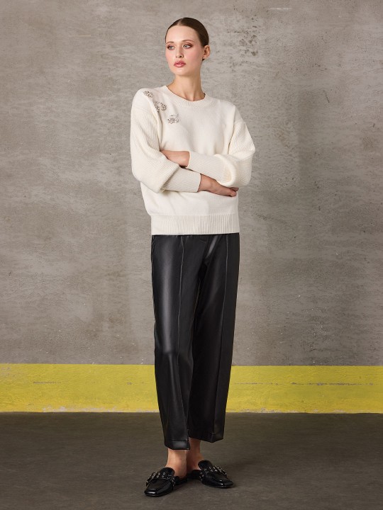 BELİ LASTİK DETAYLI DERİ PANTOLON BELİ LASTİK DETAYLI DERİ PANTOLON