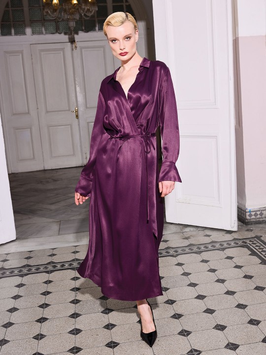 FLOŞ KUMAŞ KRUVAZE YAKA ELBİSE