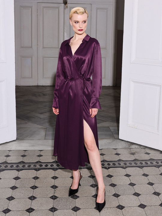 FLOŞ KUMAŞ KRUVAZE YAKA ELBİSE